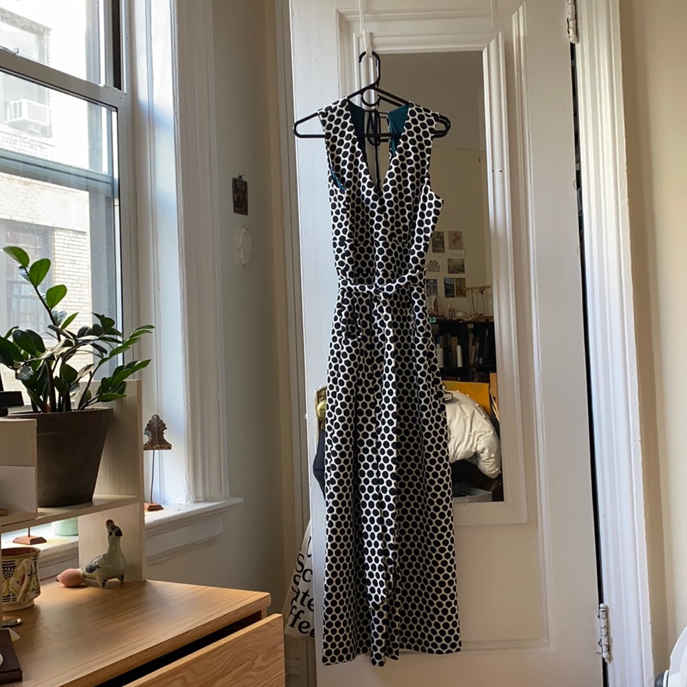 black and white polka dot knit Eva Franco jumpsuit